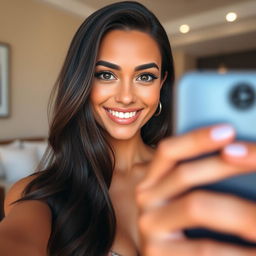 A stunning brunette woman taking a selfie, featuring her captivating smile and sparkling eyes