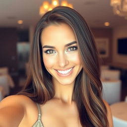 A stunning brunette woman taking a selfie, featuring her captivating smile and sparkling eyes