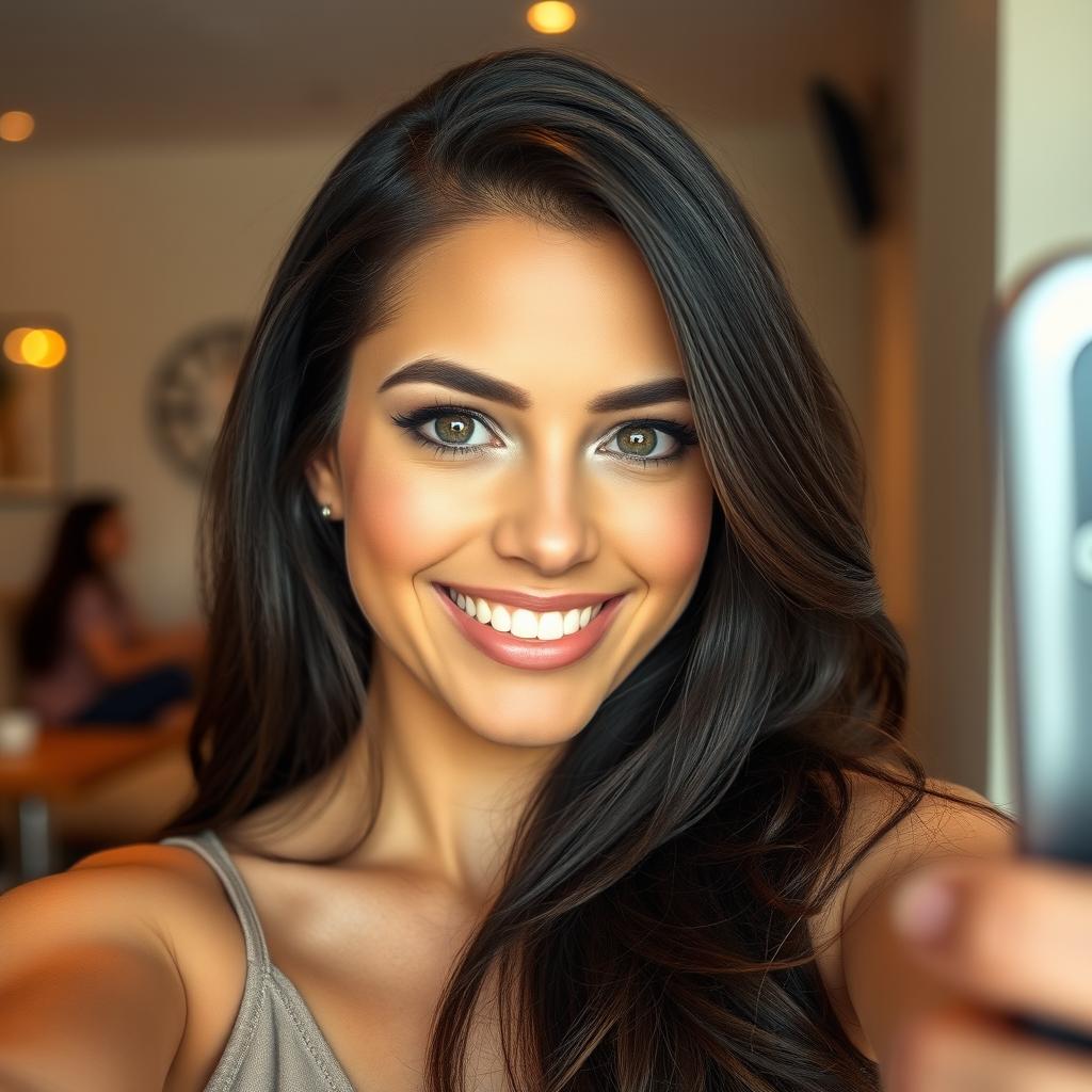 A stunning brunette woman taking a selfie, featuring her captivating smile and sparkling eyes