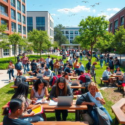 A vibrant and bustling university campus scene, filled with diverse students engaging in various activities