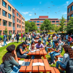 A vibrant and bustling university campus scene, filled with diverse students engaging in various activities