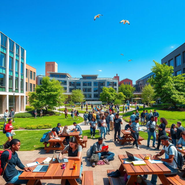 A vibrant and bustling university campus scene, filled with diverse students engaging in various activities