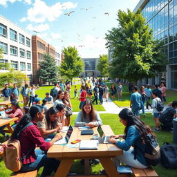 A vibrant and bustling university campus scene, filled with diverse students engaging in various activities