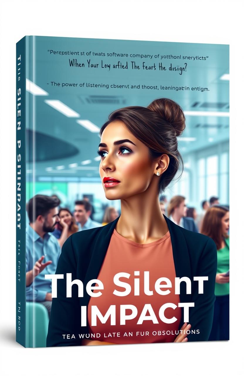 A book cover for 'The Silent Impact', showcasing a woman in a sleek, modern office environment with a futuristic software company aesthetic