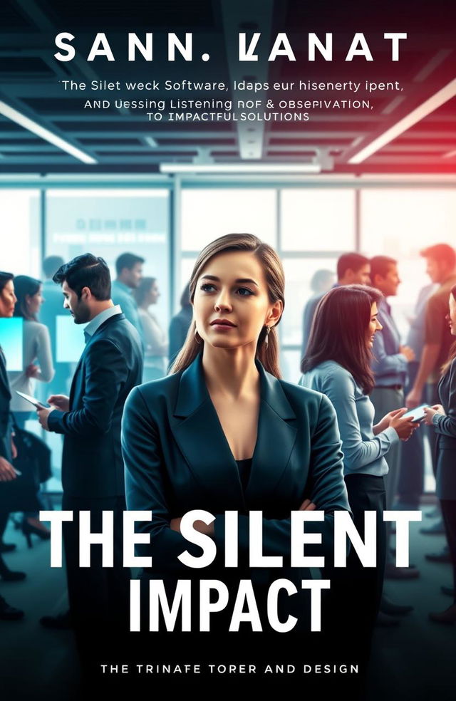 A book cover for 'The Silent Impact', showcasing a woman in a sleek, modern office environment with a futuristic software company aesthetic