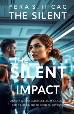 A book cover for 'The Silent Impact', showcasing a woman in a sleek, modern office environment with a futuristic software company aesthetic