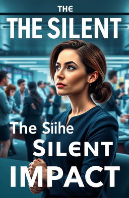 A book cover for 'The Silent Impact', showcasing a woman in a sleek, modern office environment with a futuristic software company aesthetic