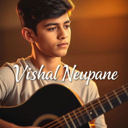 A handsome 18 or 19-year-old boy with an attractive face, playing a black acoustic guitar
