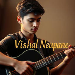 A handsome 18 or 19-year-old boy with an attractive face, playing a black acoustic guitar