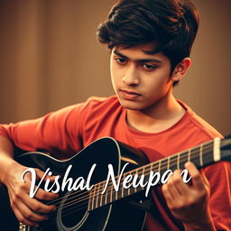 A handsome 18 or 19-year-old boy with an attractive face, playing a black acoustic guitar