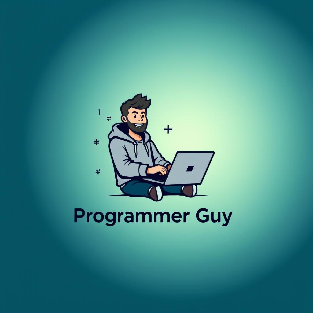 A modern and minimalist logo design featuring a programmer guy, showcasing a masculine figure working on a laptop