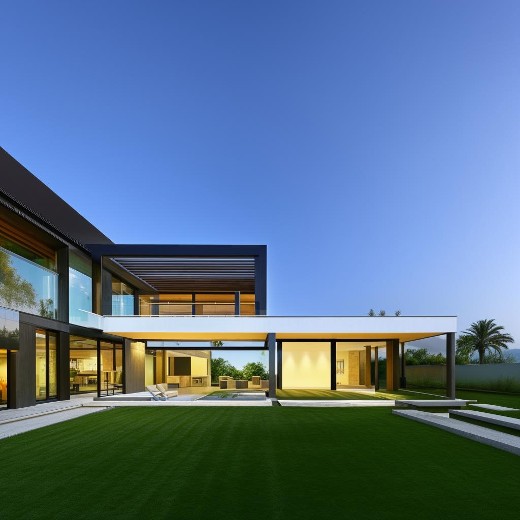 A modern house with sleek lines, floor-to-ceiling glass facade, minimalist design, surrounded by a well-manicured lawn under a clear blue sky.