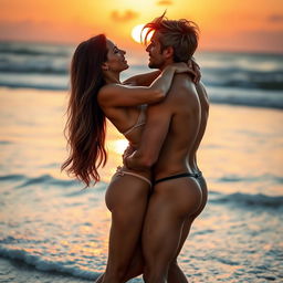 An artistic representation of a couple engaged in an intimate embrace on a beach at sunset, the scene capturing the warmth of the golden hour with soft waves lapping at their feet