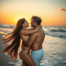 An artistic representation of a couple engaged in an intimate embrace on a beach at sunset, the scene capturing the warmth of the golden hour with soft waves lapping at their feet