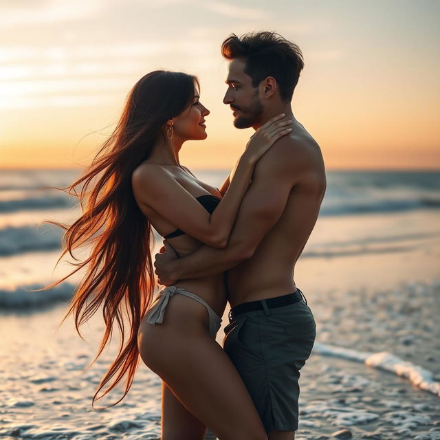 An artistic representation of a couple engaged in an intimate embrace on a beach at sunset, the scene capturing the warmth of the golden hour with soft waves lapping at their feet