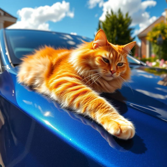 A fluffy orange tabby cat lounging comfortably on a shiny blue car parked in a sunny driveway