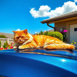 A fluffy orange tabby cat lounging comfortably on a shiny blue car parked in a sunny driveway