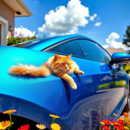 A fluffy orange tabby cat lounging comfortably on a shiny blue car parked in a sunny driveway