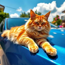 A fluffy orange tabby cat lounging comfortably on a shiny blue car parked in a sunny driveway