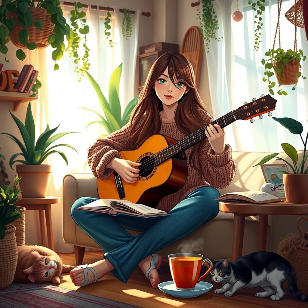A serene indoor scene of Mia, a young woman with long flowing brown hair and bright green eyes, playing an acoustic guitar