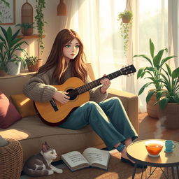 A serene indoor scene of Mia, a young woman with long flowing brown hair and bright green eyes, playing an acoustic guitar