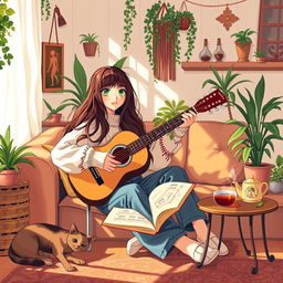 A serene indoor scene of Mia, a young woman with long flowing brown hair and bright green eyes, playing an acoustic guitar