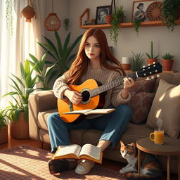 A serene indoor scene of Mia, a young woman with long flowing brown hair and bright green eyes, playing an acoustic guitar