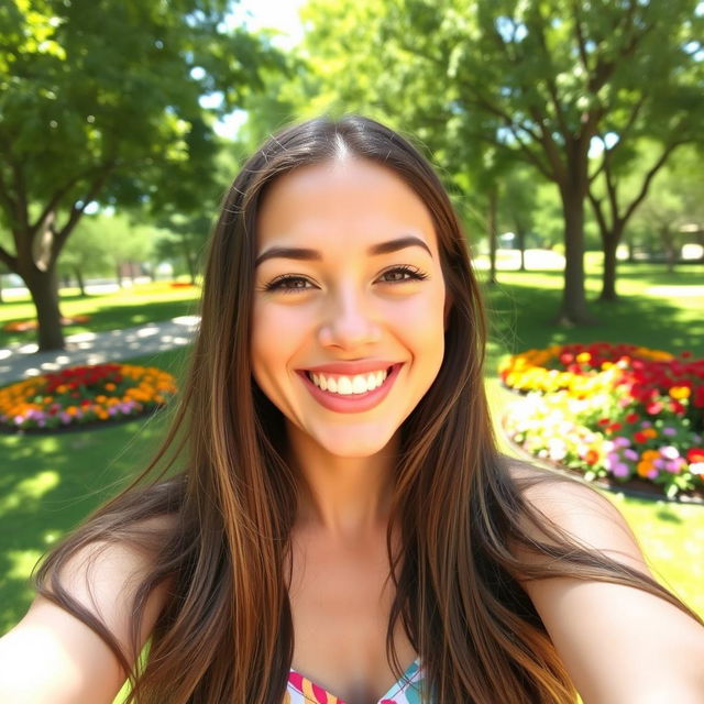 A bright and cheerful selfie of a young woman smiling widely at the camera, with long hair flowing down her shoulders