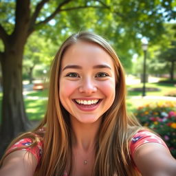 A bright and cheerful selfie of a young woman smiling widely at the camera, with long hair flowing down her shoulders