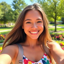 A bright and cheerful selfie of a young woman smiling widely at the camera, with long hair flowing down her shoulders