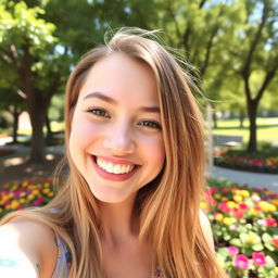 A bright and cheerful selfie of a young woman smiling widely at the camera, with long hair flowing down her shoulders