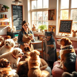 A cozy and inviting pet-themed café scene featuring a cheerful café manager interacting with adorable dogs and cats