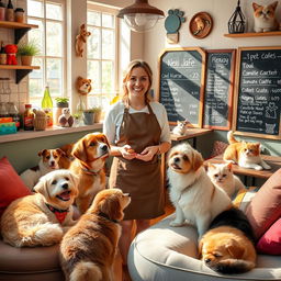 A cozy and inviting pet-themed café scene featuring a cheerful café manager interacting with adorable dogs and cats