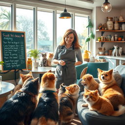 A cozy and inviting pet-themed café scene featuring a cheerful café manager interacting with adorable dogs and cats