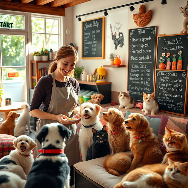 A cozy and inviting pet-themed café scene featuring a cheerful café manager interacting with adorable dogs and cats