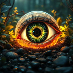 A large, intricate eye set on the ground, surrounded by an ethereal glow