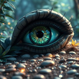 A large, intricate eye set on the ground, surrounded by an ethereal glow