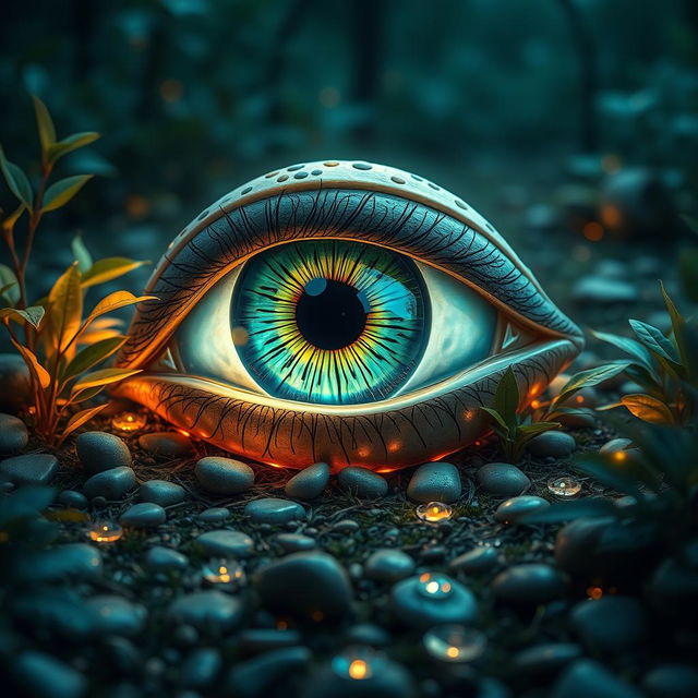 A large, intricate eye set on the ground, surrounded by an ethereal glow