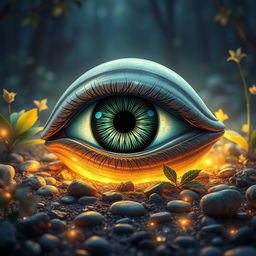 A large, intricate eye set on the ground, surrounded by an ethereal glow