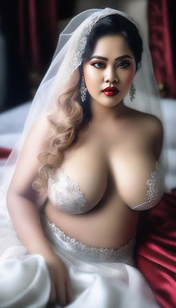 A high-quality digital art image of a voluptuous Indonesian model on her wedding day