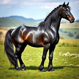 A majestic black Friesian horse standing gracefully in a lush green meadow, with its long, braided mane flowing elegantly in the breeze