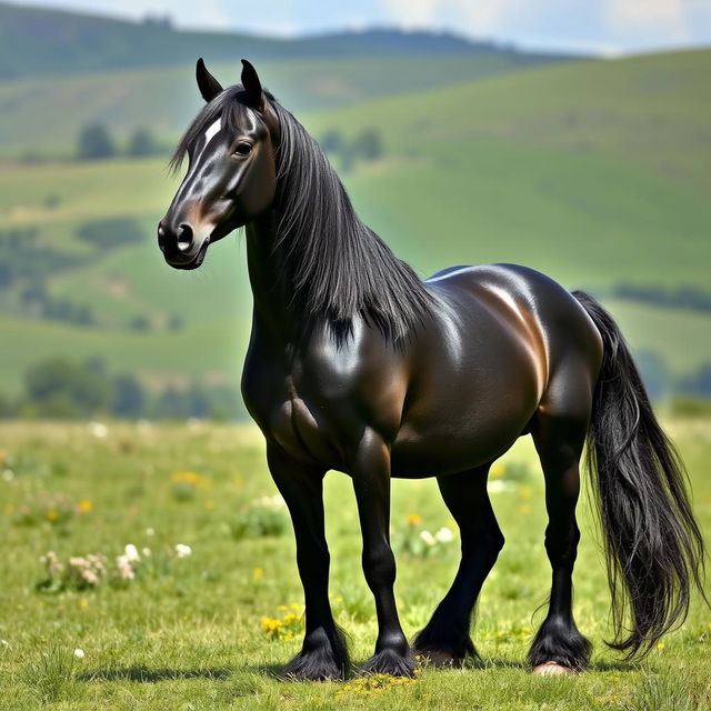 A majestic black Friesian horse standing gracefully in a lush green meadow, with its long, braided mane flowing elegantly in the breeze