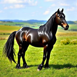 A majestic black Friesian horse standing gracefully in a lush green meadow, with its long, braided mane flowing elegantly in the breeze