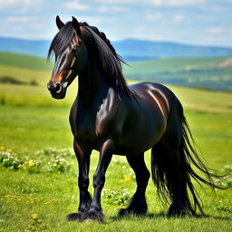 A majestic black Friesian horse standing gracefully in a lush green meadow, with its long, braided mane flowing elegantly in the breeze