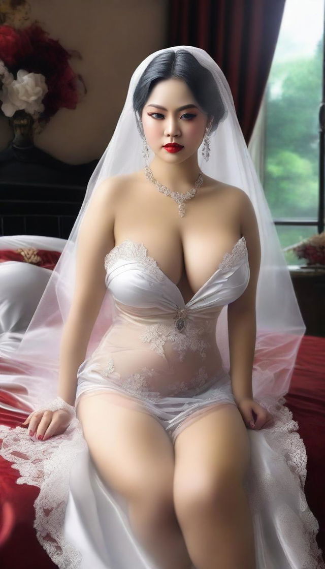 A high-quality digital art image of a voluptuous Indonesian model on her wedding day