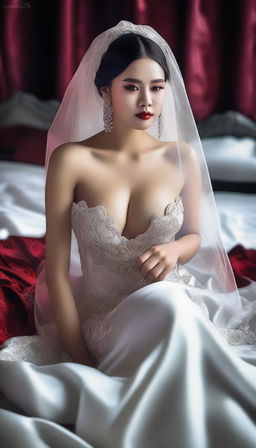 A high-quality digital art image of a voluptuous Indonesian model on her wedding day