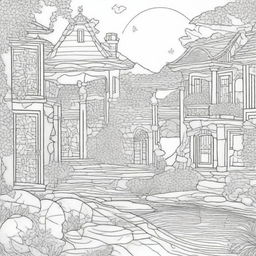 A high-quality coloring page featuring an aesthetic scene