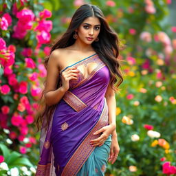 A stunningly beautiful woman wearing an elegant saree that accentuates her curves, featuring an intricate design and vibrant colors