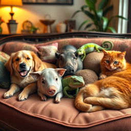A cozy living room scene featuring a dog, a pig, a hog, a lizard, and a cat all relaxing together on a sofa