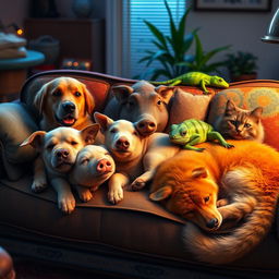 A cozy living room scene featuring a dog, a pig, a hog, a lizard, and a cat all relaxing together on a sofa